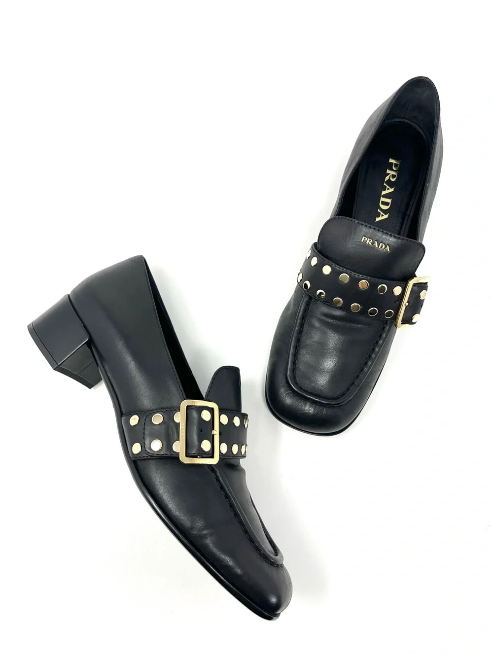 Prada Logo Black Leather Gold Studded Buckle Loafers Heels Shoes Chunky 39.5 9.5